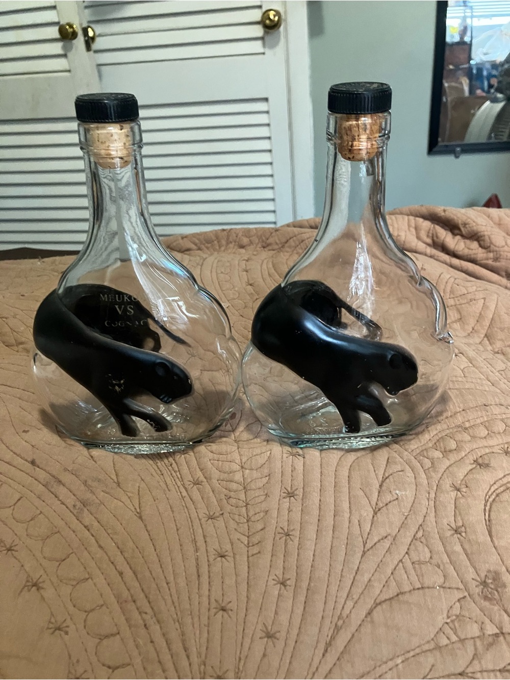 Pair of Empty Meukow VS Cognac Black Panther Bottles
